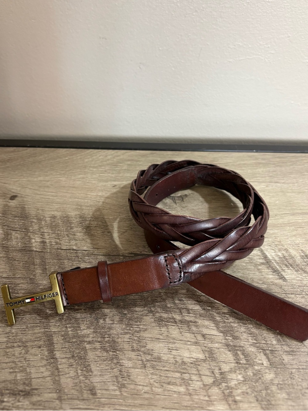 Women's TOMMY HILFIGER Brown BRAIDED LEATHER Solid Brass H Buckle DESIGNER BELT
